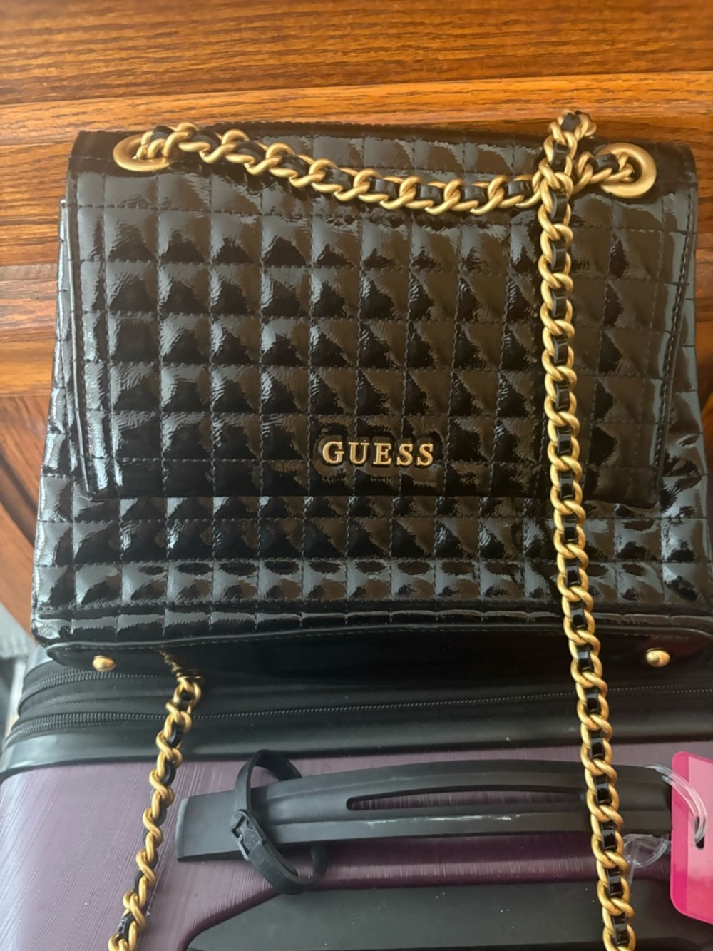 GUESS Black Quilted Patent Crossbody with Gold Chain Strap